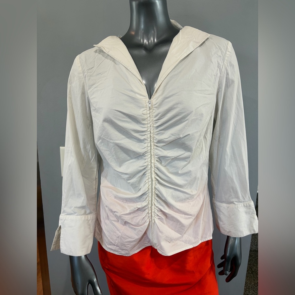 Vintage Y2K Spense White 3/4 Sleeve Zip Front Rouched Sexy Dressy Top